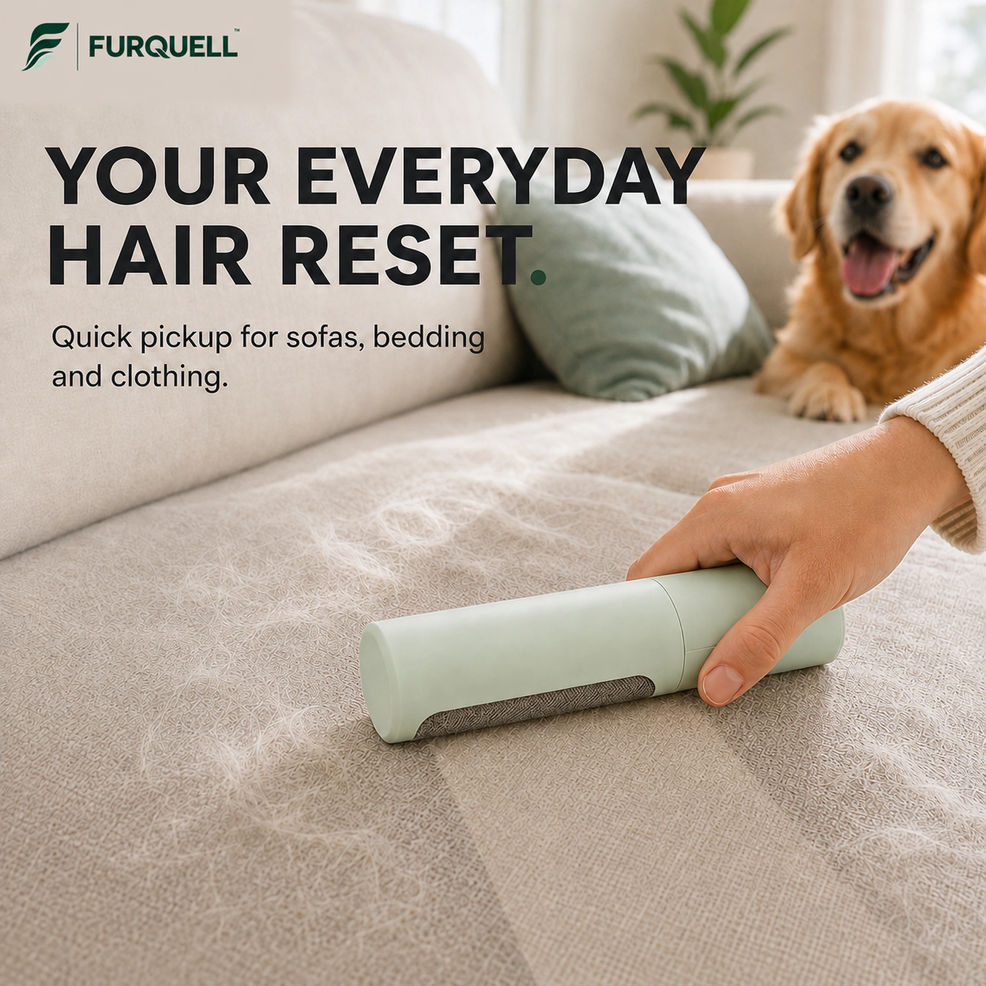 Hand using the FURQUELL DAILY roller on a hair-covered sofa throw