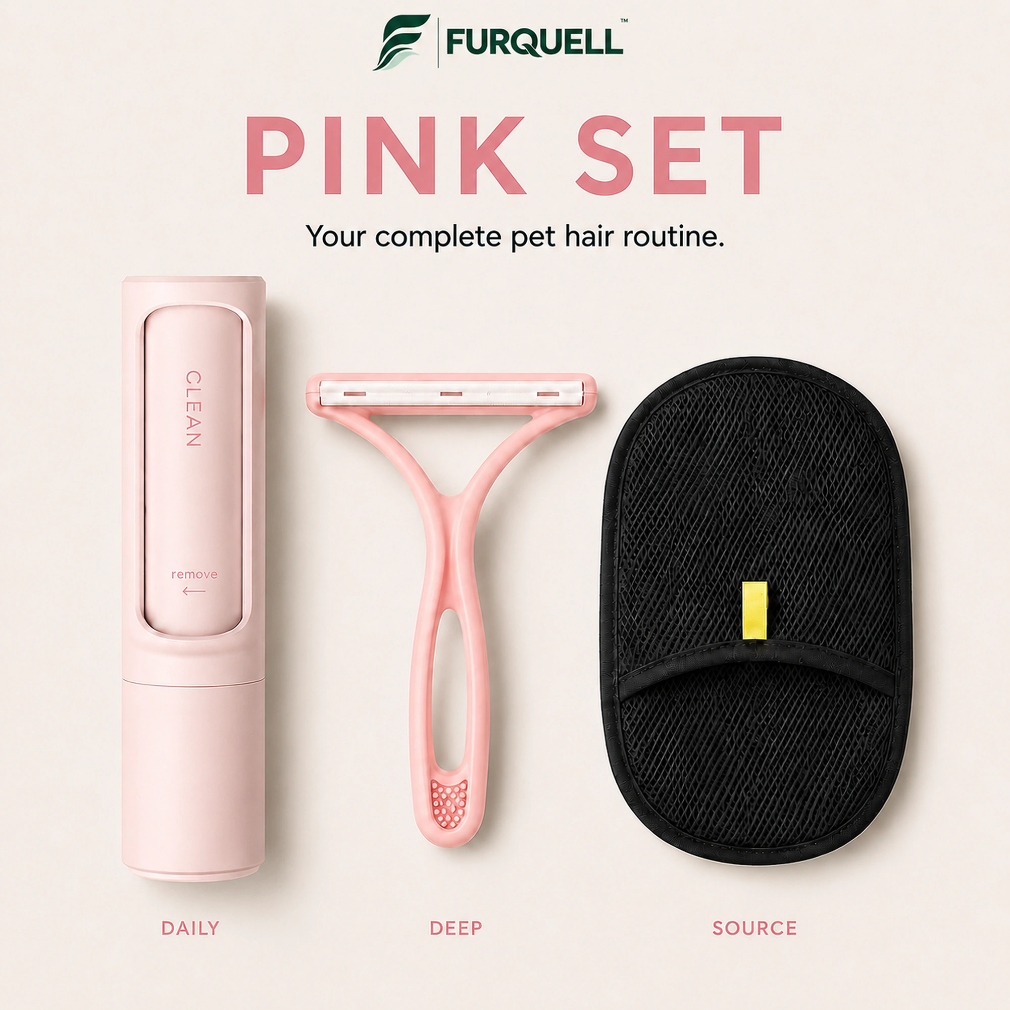 FURQUELL Pink Set with DAILY roller, DEEP scraper and SOURCE grooming mitt