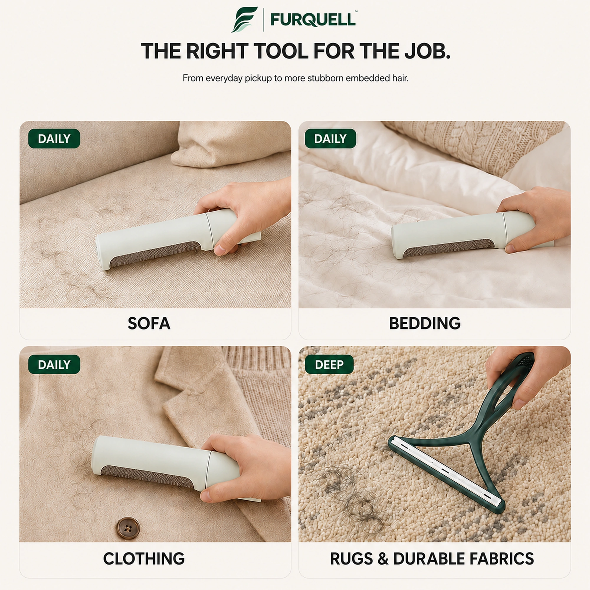 FURQUELL tools in use on a sofa, bedding, clothing and a rug