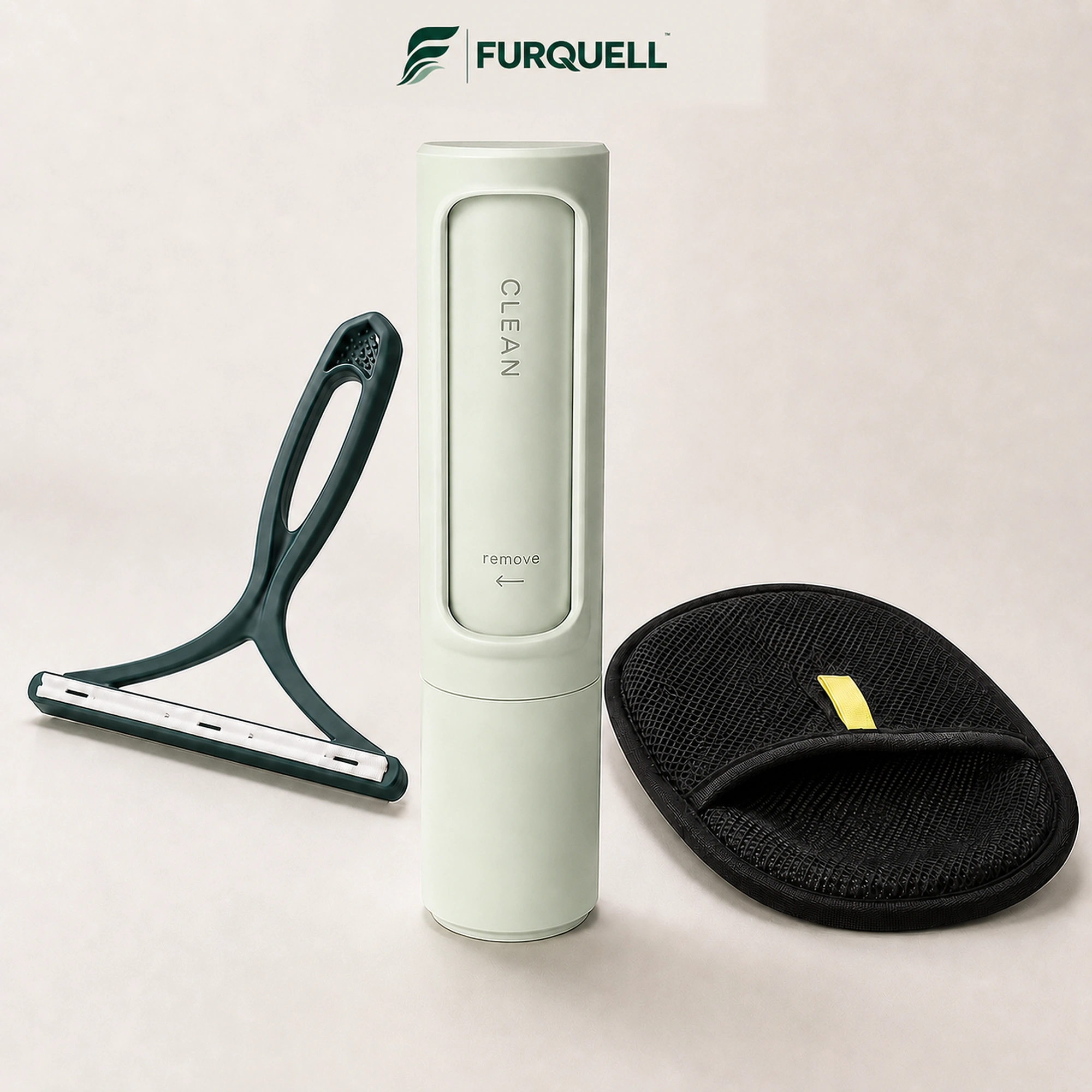 FURQUELL Green Set: self-cleaning roller, Y-shaped scraper and grooming mitt