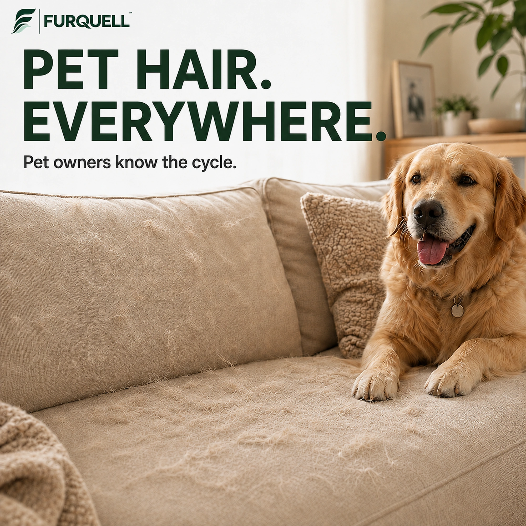 Golden retriever resting on a sofa covered in pet hair